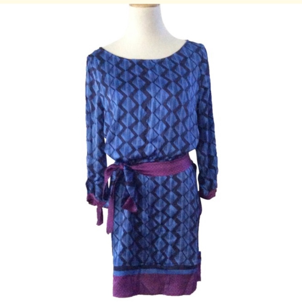 Blue and Purple W Silk Shift Dress W/ Belt Sz M